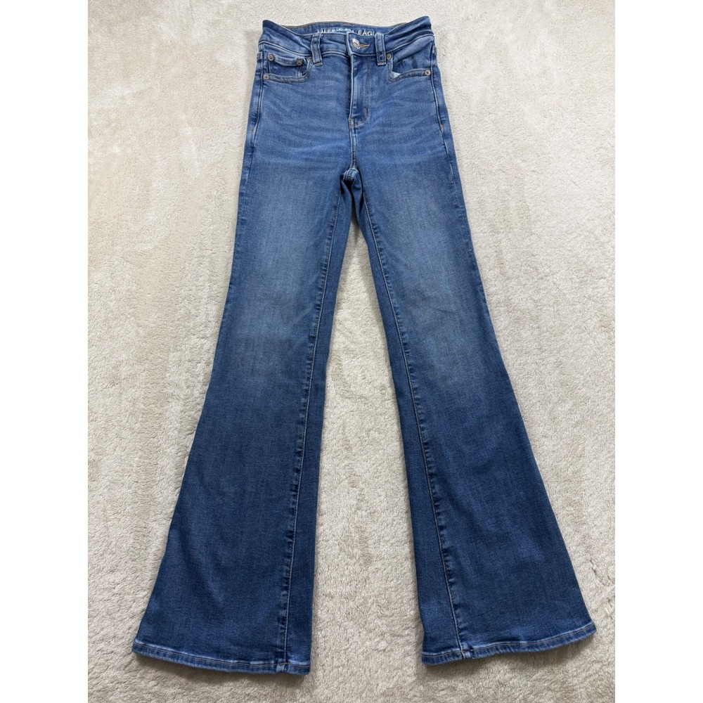 American Eagle Womens Super Hi-Rise Flare Stretch Blue Jeans 000S Meas: 22x28